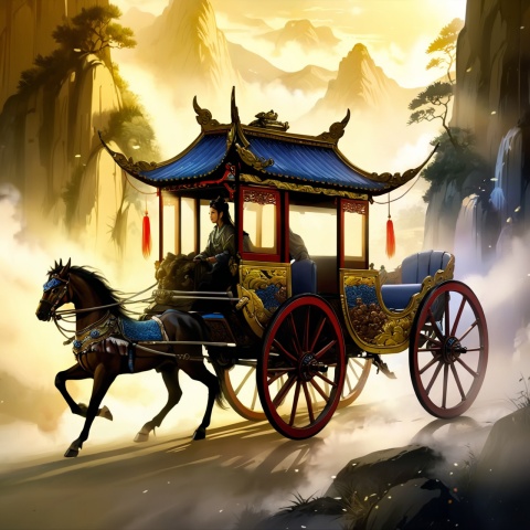  (Masterpiece, best quality, very detailed, quality, exquisite functionality, extremely delicate eyes, light art), A delicate carriage, parked at the foot of the mountain, ancient Chinese style, Chinese_armor,