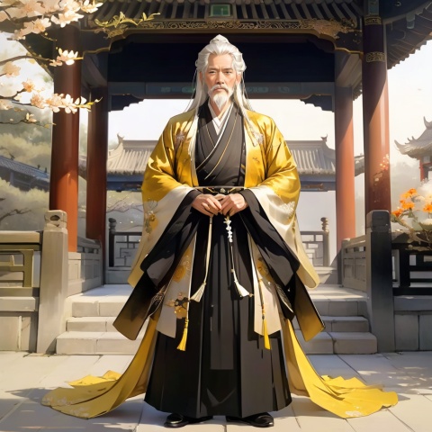  (Masterpiece, the best, quality, refined character),
At noon, a 60-year-old aristocratic old man with white hair coiled behind his head, dressed in a gold-black hanfu, (beard: 1.1), standing, in the palace garden, frowning, upper body displayed in front, flowers, gazebo, in front of the main hall, early in the morning, movie golden light effect, Hanfu, Chinese style,