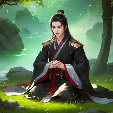  (Masterpiece, best quality, very detailed, quality, exquisite functionality, extremely detailed eyes, light art), (solo),
((1 ugly man, 18 years old)), ((in a wide black hanfu: 1.2)), kneeling on the ground, frowning, (sweaty face: 1.2), (opening mouth wide: 1.1, hands folded)), on the grass, in the morning, ((showing on the front above the waist))), ancient Chinese style,