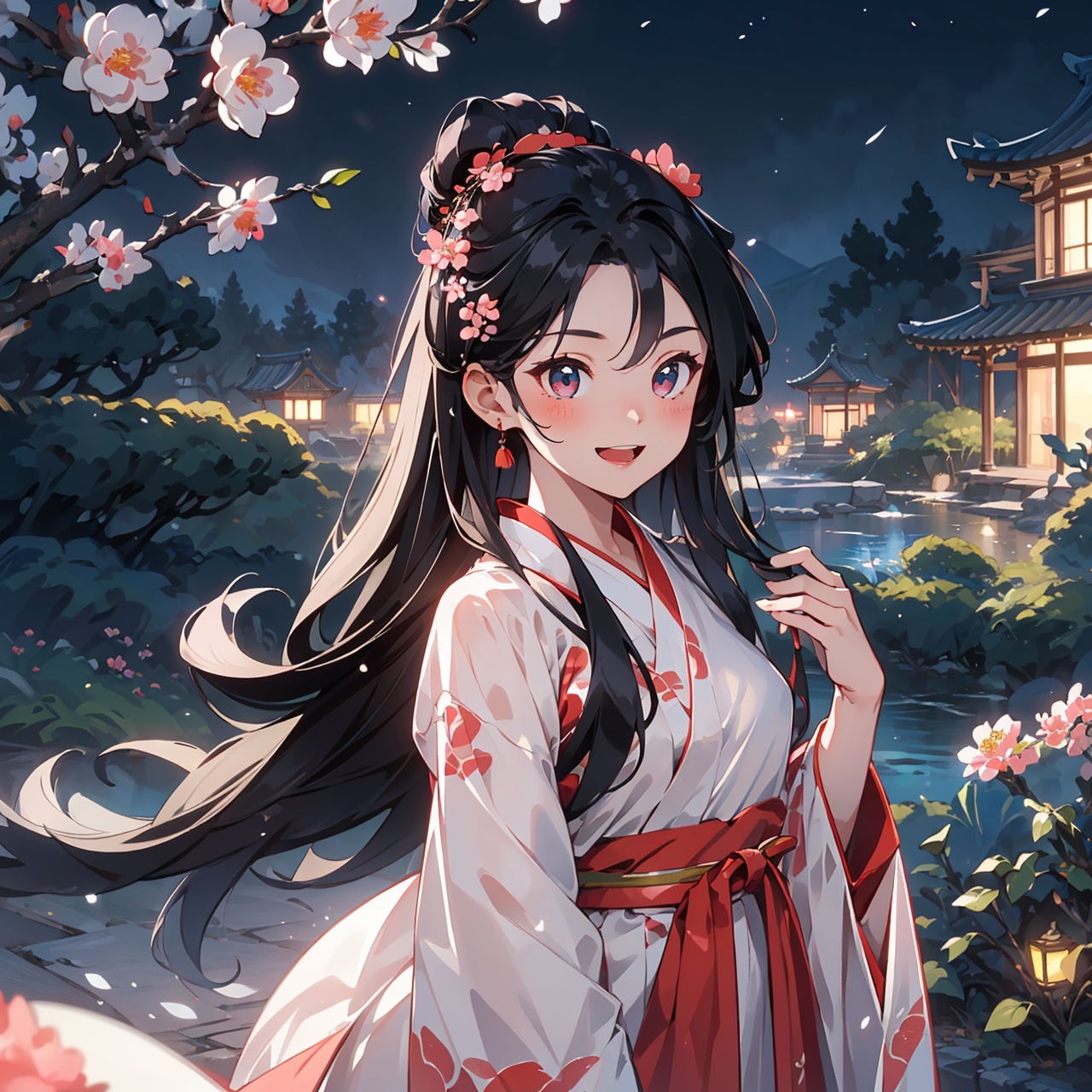  (Masterpiece, best quality, very detailed, quality, delicate facial features, extremely detailed eyes, light art), 1 girl. Peach Blossom Tree. Red and black hanfu. Unparalleled beauty, long hair. Loose hair. Smiling, opening his mouth, revealing his upper body, Hanfu, in the garden, gazebo,Hanfu, night scene, ancient style