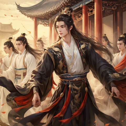 (masterpieces, the best quality, very detailed, quality, delicate functionality, extremely detailed eyes, light art), (total number: 10),
((1 handsome man, 18 years old, long brown hair tied back and wearing a golden crown)), ((in a delicate black hanfu: 1.2)), riding on a horse, frowning, (sweaty face: 1.2), (opening his mouth wide, screaming)), followed by a group of people, outside the palace, in the morning, ((shown on the front above the waist))), ancient Chinese style,