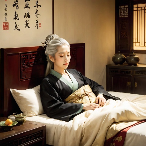  (Masterpiece, exquisite, quality, delicate facial features), (1 60-year-old middle-aged woman), (noble old lady), white hair coiled behind her head, face full of wrinkles, wearing a delicate black hanfu, ((eyes closed: 1.2)), ((lying on the bed: 1.3, head resting on a pillow)), in the bedroom, with the palace as a background, showing the upper body frontally, (ancient Chinese style: 1.2)