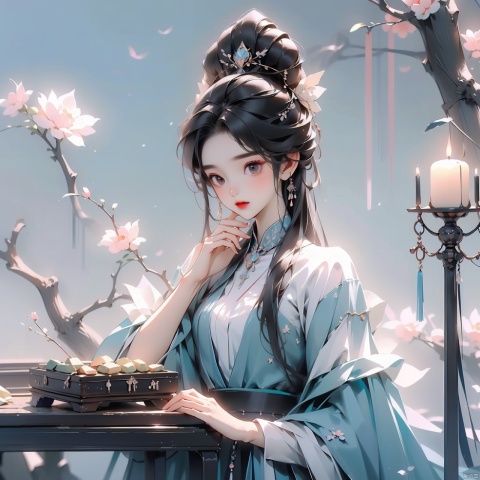 (Masterpiece, best quality, very detailed, quality, delicate facial features, extremely delicate eyes, light art), 1 girl, dressed in a cyan hanfu. Unparalleled beauty, long black hair. Loose hair. (Sitting at the table: 1.3), (Candles burning on the table: 1.3) (Upper body front display: 1.1), Front, Hanfu, Night, Inside the house (Ancient Chinese style: 1.2)