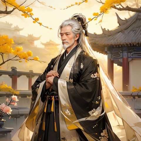  (Masterpiece, the best, quality, refined character),
At noon, a 60-year-old aristocratic old man with white hair coiled behind his head, dressed in a gold-black hanfu, (beard: 1.1), standing, in the palace garden, frowning, upper body displayed in front, flowers, gazebo, in front of the main hall, early in the morning, movie golden light effect, Hanfu, Chinese style,