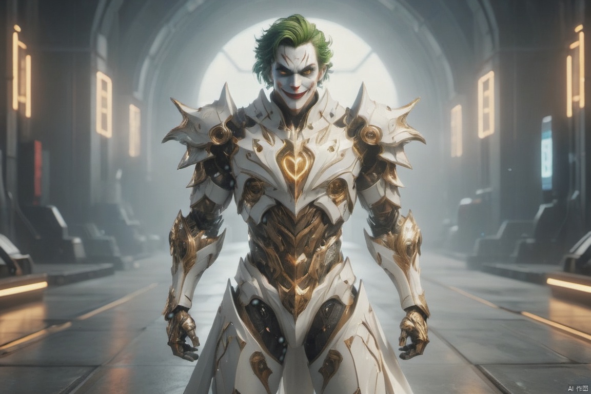  surreal photography of A Hi-Tech Cyberpunk joker wearing futuristic white armor, evil smile, cape, ultra high resolution, 8k photography, extremely detailed, intricate armor, golden filigree, futuristic design, shining body, fullbody_view, perfect custom Hi-Tech suit, intricate armor, detailed texture, soft lighting, Movie Still