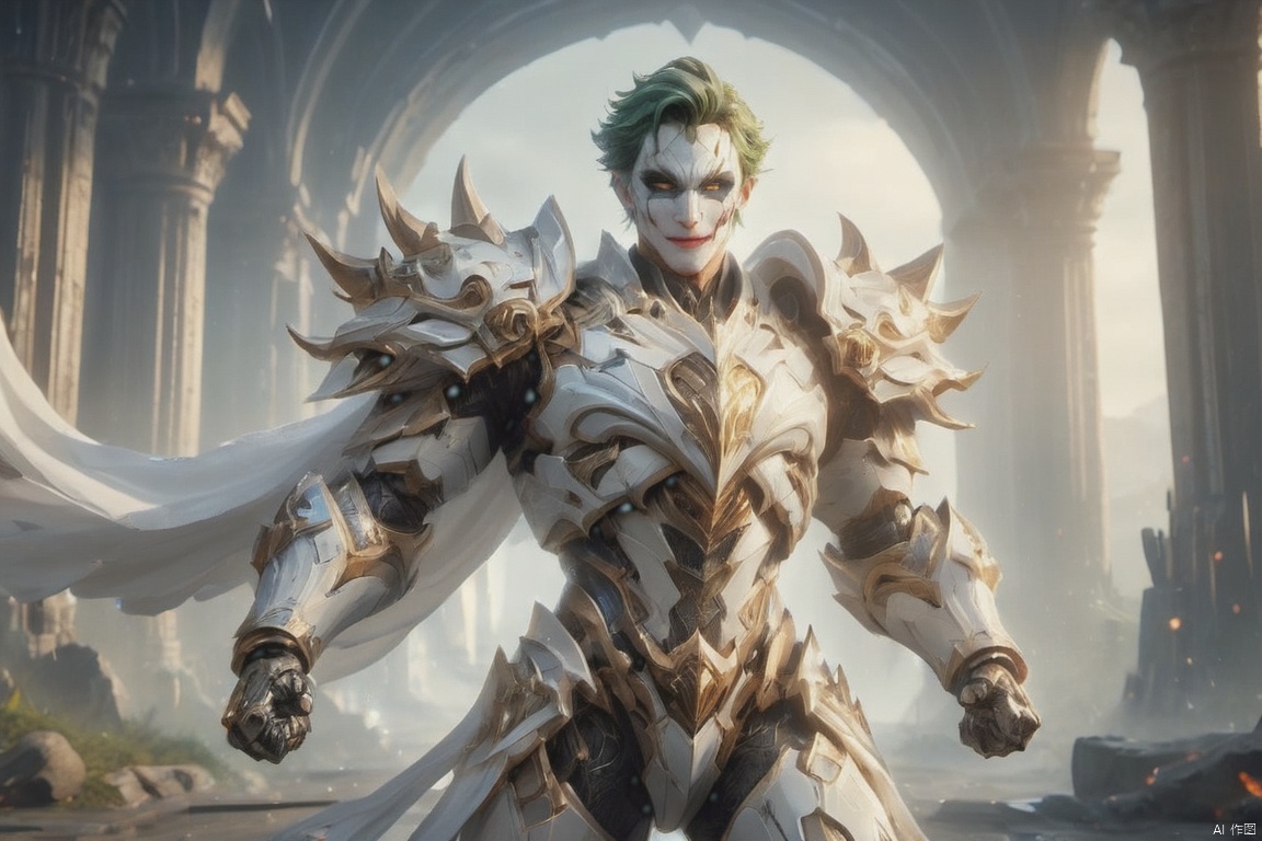  surreal photography of A Hi-Tech Cyberpunk joker wearing futuristic white armor, evil smile, cape, ultra high resolution, 8k photography, extremely detailed, intricate armor, golden filigree, futuristic design, shining body, fullbody_view, perfect custom Hi-Tech suit, intricate armor, detailed texture, soft lighting, Movie Still, Wearing fist gauntlets, Wielding battlehammer, Wielding sword