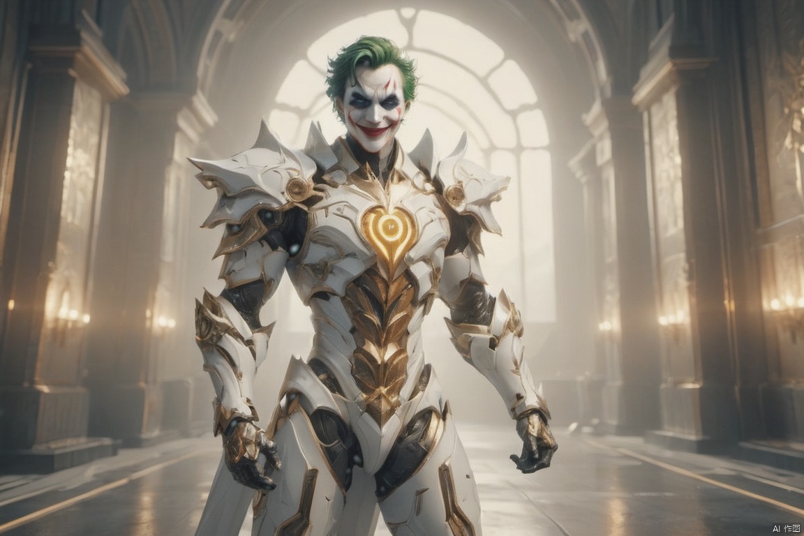 surreal photography of A Hi-Tech Cyberpunk joker wearing futuristic white armor, evil smile, cape, ultra high resolution, 8k photography, extremely detailed, intricate armor, golden filigree, futuristic design, shining body, fullbody_view, perfect custom Hi-Tech suit, intricate armor, detailed texture, soft lighting, Movie Still