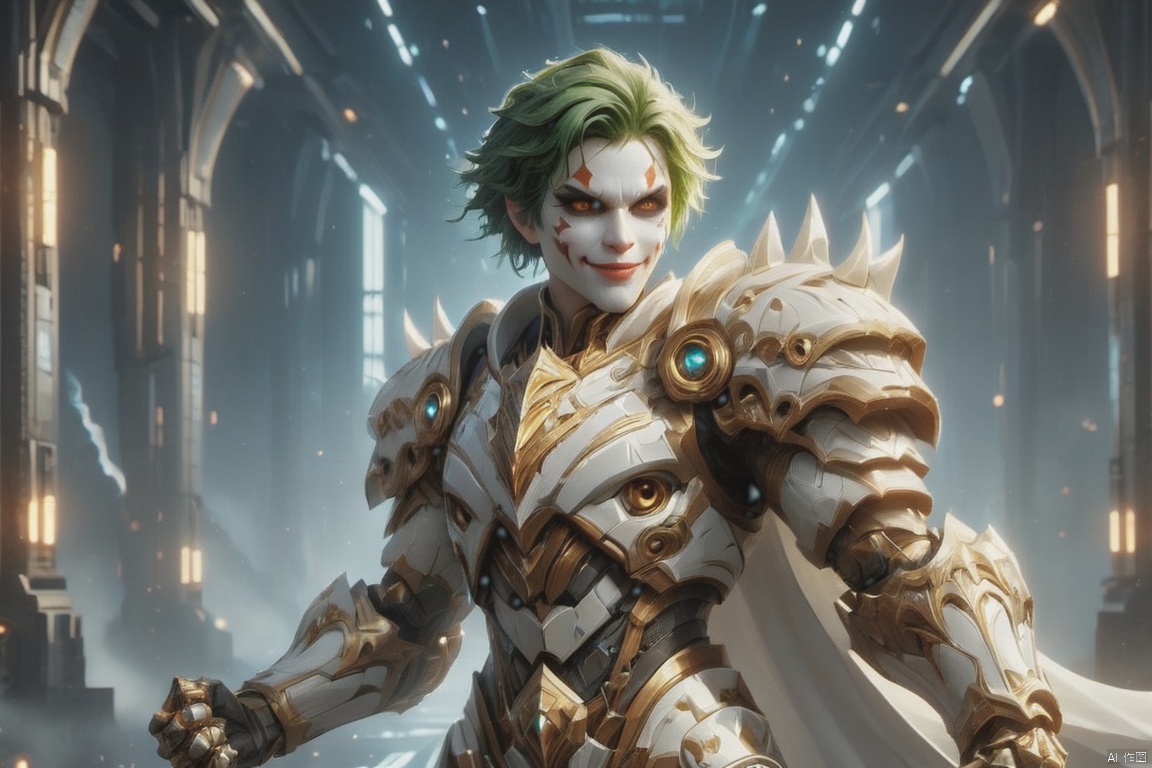  surreal photography of A Hi-Tech Cyberpunk joker wearing futuristic white armor, evil smile, cape, ultra high resolution, 8k photography, extremely detailed, intricate armor, golden filigree, futuristic design, shining body, fullbody_view, perfect custom Hi-Tech suit, intricate armor, detailed texture, soft lighting, Movie Still, Wearing fist gauntlets, Wielding battlehammer