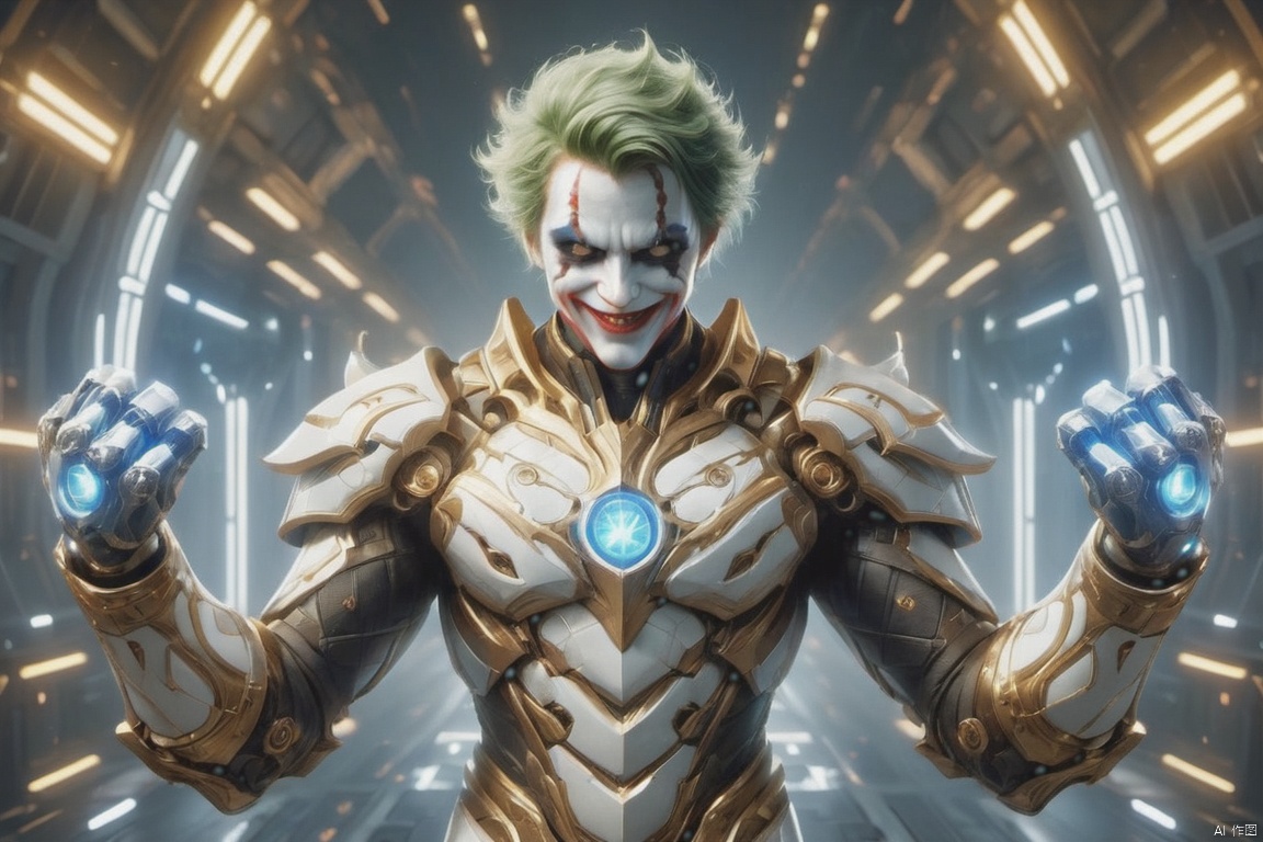 surreal photography of A Hi-Tech Cyberpunk joker wearing futuristic white armor, evil smile, cape, ultra high resolution, 8k photography, extremely detailed, intricate armor, golden filigree, futuristic design, shining body, fullbody_view, perfect custom Hi-Tech suit, intricate armor, detailed texture, soft lighting, Movie Still, Wearing fist gauntlets