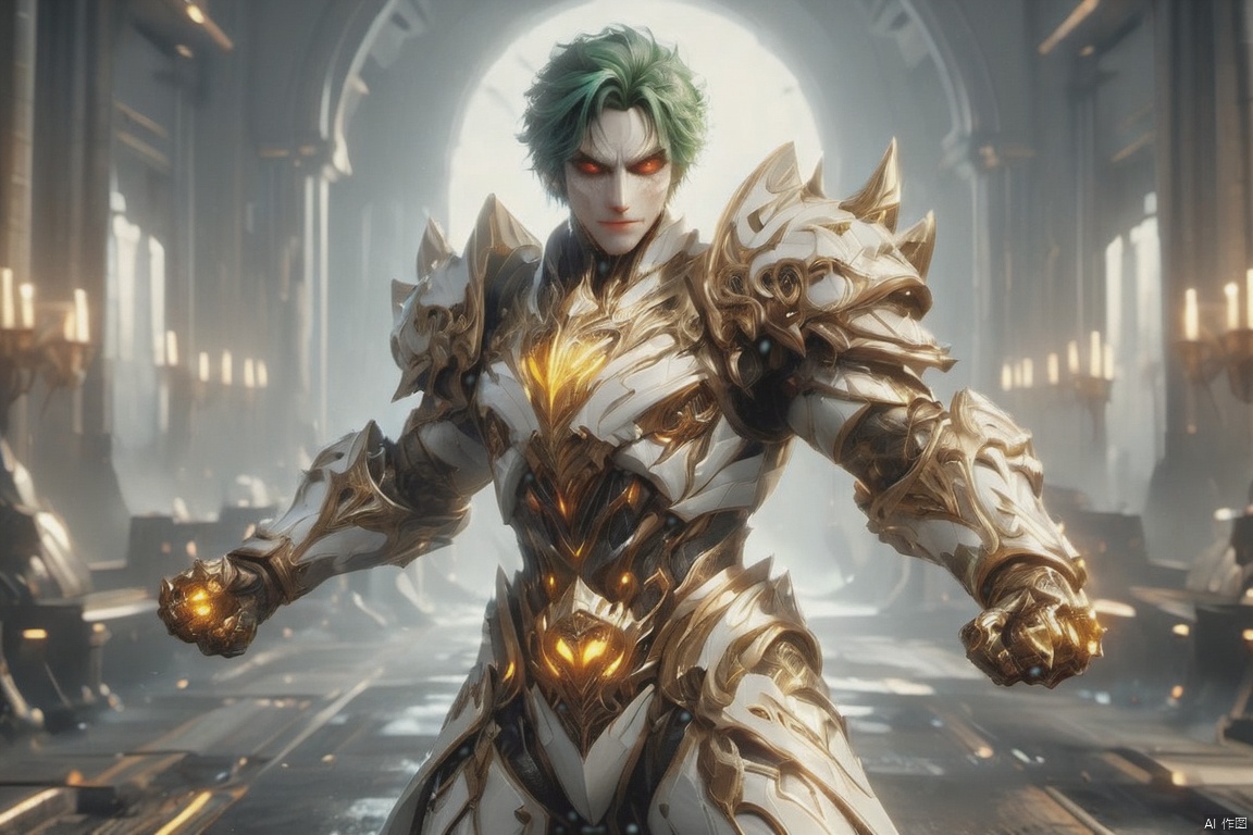  surreal photography of A Hi-Tech Cyberpunk joker wearing futuristic white armor, evil smile, cape, ultra high resolution, 8k photography, extremely detailed, intricate armor, golden filigree, futuristic design, shining body, fullbody_view, perfect custom Hi-Tech suit, intricate armor, detailed texture, soft lighting, Movie Still, Wearing fist gauntlets