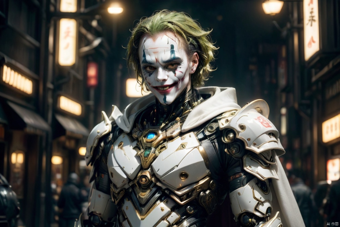 surreal photography of A Hi-Tech Cyberpunk joker wearing futuristic white armor, evil smile, cape, ultra high resolution, 8k photography, extremely detailed, intricate armor, golden filigree, futuristic design, shining body, fullbody_view, perfect custom Hi-Tech suit, intricate armor, detailed texture, soft lighting, Movie Still, Mecha