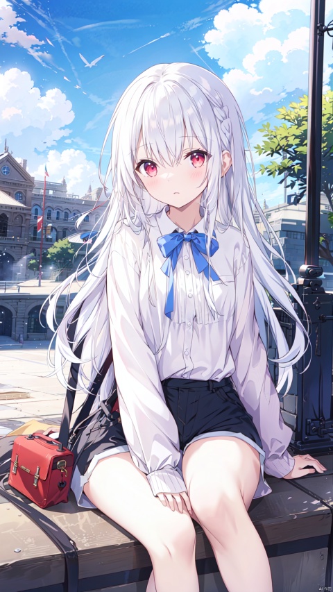 1girl, long hair, White hair, red eyes, jitome, flat chest, sitting, on park, day, blue Sky, clouds, black shorts, White shirt, long legwears, camera