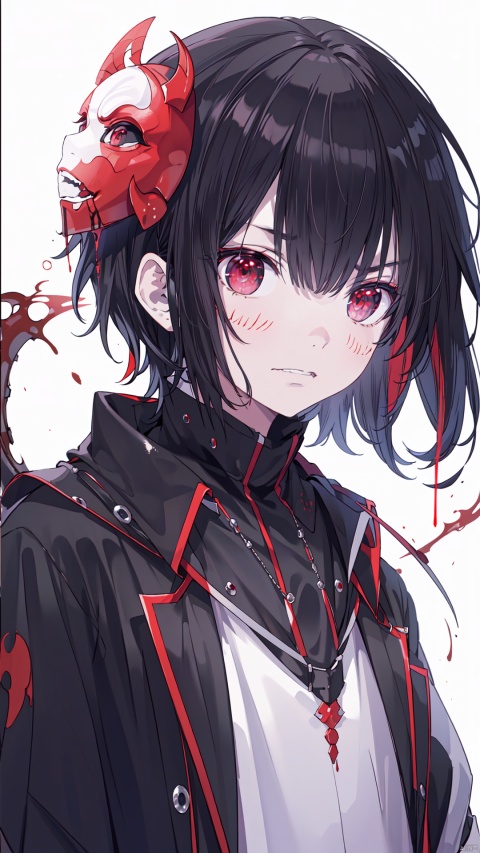  (1boy) portrait, best quality, ultra high res, ultra detailed, black and red, high contrast color tone, extremely detailed lighting, cinematic lighting, soft lights, (masterpiece, high quality:1.4), (kaneki ken, black hair, white hair, red and black eye, mask | teeth, blood eyes, black clothes, scorpio tentacles), , , blood, , black background, thrilling, (fierce face),kaneki ken