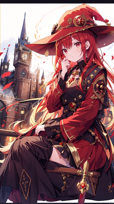 Red eyes, evil, golden, shiny, gold hair,High detailed ,midjourney,perfecteyes,Color magic,urban techwear,hmochako,better witch,witch, witch,Long hair ,long hair