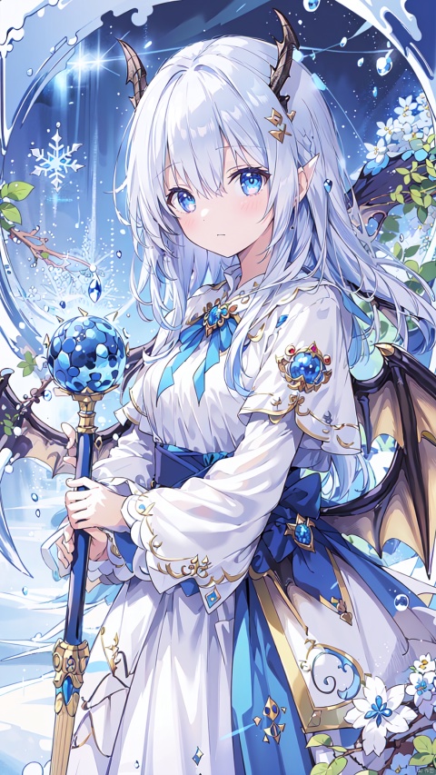 ((best quality)), ((masterpiece)), ((ultra-detailed)), extremely detailed CG, (illustration), ((detailed light)), (an extremely delicate and beautiful), a girl, solo, ((upper body, )), ((cute face)), expressionless, (beautiful detailed eyes), blue dragon eyes, (Vertical pupil:1.2), white hair, shiny hair, colored inner hair, (Dragonwings:1.4), [Armor_dress], blue wings, blue_hair ornament, ice adorns hair, [dragon horn], depth of field, [ice crystal], (snowflake), [loli], [[[[[Jokul]]]]],