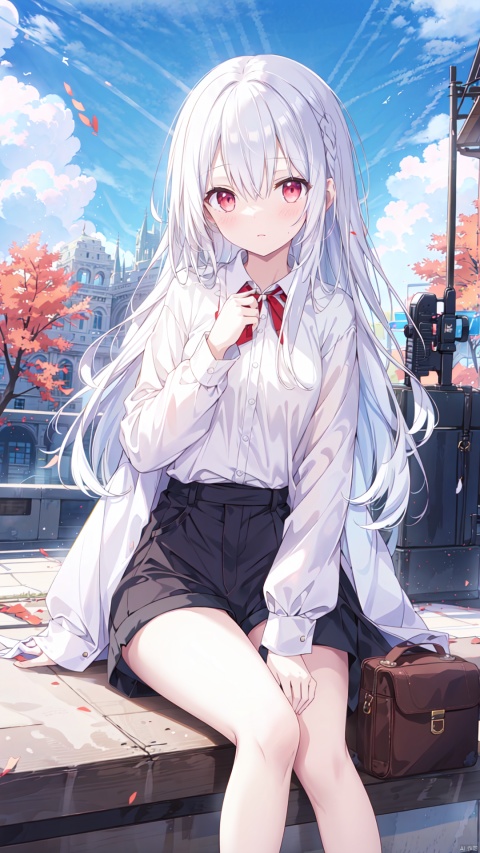 1girl, long hair, White hair, red eyes, jitome, flat chest, sitting, on park, day, blue Sky, clouds, black shorts, White shirt, long legwears, camera