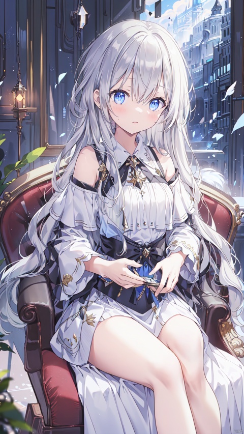 (((masterpiece))),best quality, illustration,(beautiful detailed girl), a girl ,solo,bare shoulders,flat_chst,diamond and glaring eyes,beautiful detailed cold face,very long blue and sliver hair,floaing black feathers,wavy hair,black and white sleeves,gold and sliver fringes,a (blackhole) behind the girl,a silver triple crown inlaid with obsidian,(sit) on the black ((throne)), (depth) of (field)