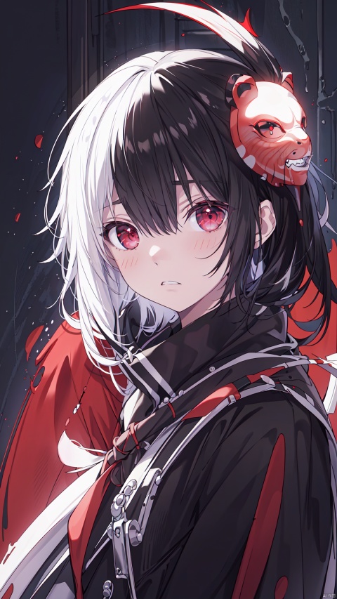 (1boy) portrait, best quality, ultra high res, ultra detailed, black and red, high contrast color tone, extremely detailed lighting, cinematic lighting, soft lights, (masterpiece, high quality:1.4), (kaneki ken, black hair, white hair, red and black eye, mask | teeth, blood eyes, black clothes, scorpio tentacles), , , blood, , black background, thrilling, (fierce face),kaneki ken