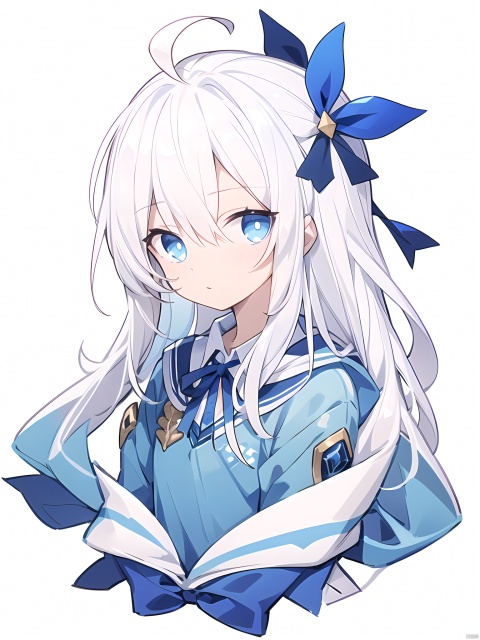 1boy,solo,blue eyes,white hair,blue inner hair,shirt,ribbon,simple background,ahoge,full body,