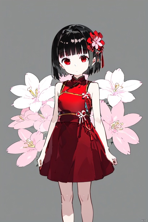 1girl, solo, flower, hair ornament, bangs, hair flower, dress, black hair, blunt bangs, looking at viewer, red dress, full body, chinese clothes, bare shoulders, branch, from side, red eyes, chinese text, sleeveless, short hair, cherry blossoms, hand up, standing, sleeveless dress