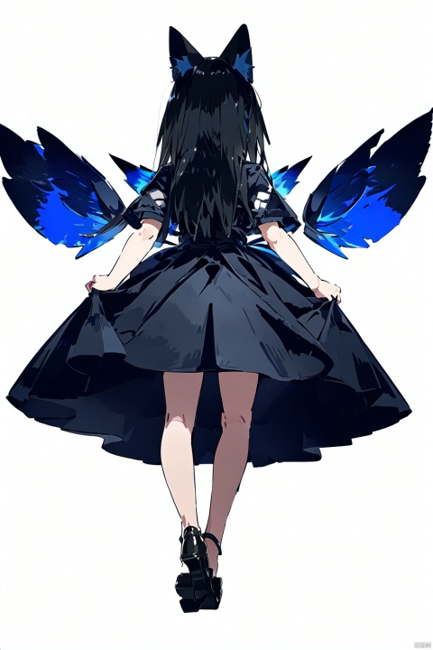 1girl, animal_ears, bat_wings, black_hair, dress, from_behind, full_body, high_heels, long_hair, simple_background, skirt_hold, solo, standing, white_background, white_dress, wings, yellow_eyes