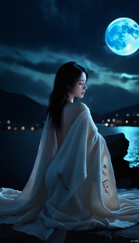  Double Exposure Style,Volumetric Lighting,arching her back,Traditional Attire,Artistic Calligraphy and Ink,light depth,dramatic atmospheric lighting,image combination,fantasy art,,(a blanket:1.3),a girl,black-hair ,(naked,nude,)sleeping,looking a the moon,it is in a Witcher setting,lake and cityscape,ruined city,Fantasy,Back lighting,Colorful,Moon,dreamy magical atmosphere,1girl,