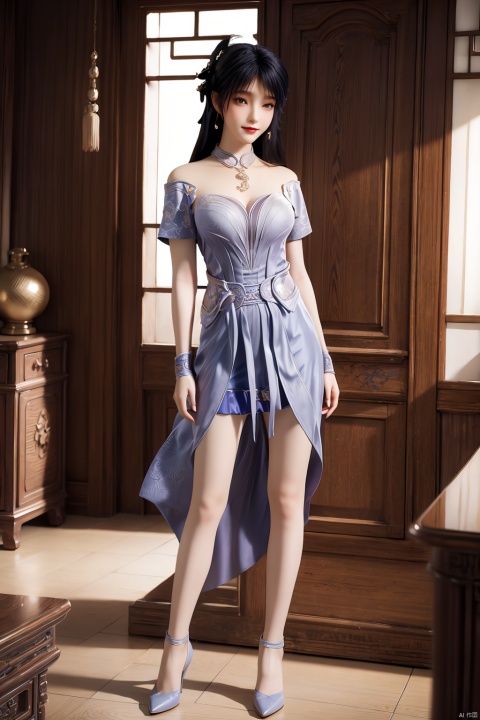  masterpiece,(best quality),3d,(makeup),official art, extremely detailed cg 8k wallpaper,((crystalstexture skin)), (extremely delicate and beautiful),highly detailed,1girl,solo,long hair,headwear,(standing),(blue_hair),((dress,skirt)),(chinese_clothes),((full_body)),(breasts),((hair_ornament)),(sunshine, indoor),((looking_at_viewer)),((Facing the camera)),(closed_mouth), long_legs,high_heels,