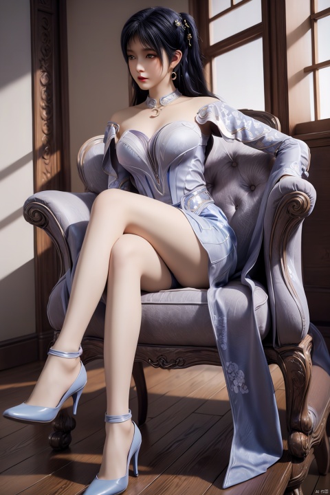  masterpiece,(best quality),3d,(makeup),official art, extremely detailed cg 8k wallpaper,((crystalstexture skin)), (extremely delicate and beautiful),highly detailed,1girl,solo,long hair,headwear,(sitting on the chair),(blue_hair),((dress,skirt)),(chinese_clothes),((full_body)),(breasts),((hair_ornament)),(sunshine, indoor),((looking_at_viewer)),((Facing the camera)),(closed_mouth), long_legs,high_heels,
