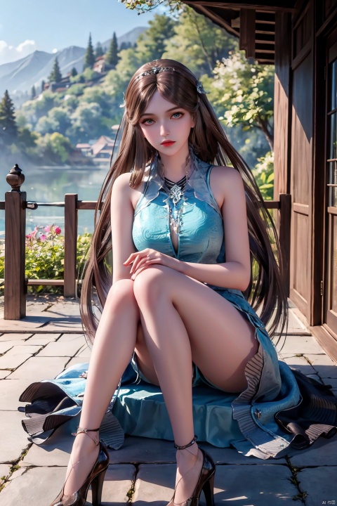  Masterpiece, Best Quality, Delicate Eyes, Solo, Blush, Thighs Up, 1 Girl, Brown Hair, Blue Dress, Jewelry, Earrings, Ribbons, sitting, Peach Garden,long_legs,full_body, hair ornament, necklace , jewelry, 