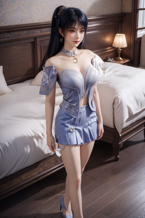  masterpiece,(best quality),3d,(makeup),official art, extremely detailed cg 8k wallpaper,((crystalstexture skin)), (extremely delicate and beautiful),highly detailed,1girl,solo,long hair,headwear,(standing,from_above,),(blue_hair),((dress,skirt)),(chinese_clothes),((upper_body)),(breasts),((hair_ornament)),(sunshine, indoor),((looking_at_viewer)),((Facing the camera)),(closed_mouth), long_legs,high_heels,