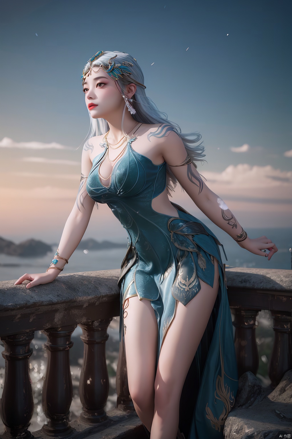  1girl,cowboy shot,magical abstraction, (magical glow:1.4), white wavy hair, (delicate and beautiful oriental face), perky breasts,, cloudy night, (fantasy style, 8K, masterpiece, best quality:1.15), 
(intricate details:0.9), (hdr, hyperdetailed:1.2),Fantasy,magiccircle,glowing sword,sword inthecenter,(floating in sky:1.2),long hair,headwear,(leaning_forward,),((dress,skirt)),, (chinese_clothes), ((tattoo)), (jewelry), (bracelet),((full body,whole body)),, (medium breasts),((hair_ornament)),(cleavage:0.797), ((looking_at_viewer)),