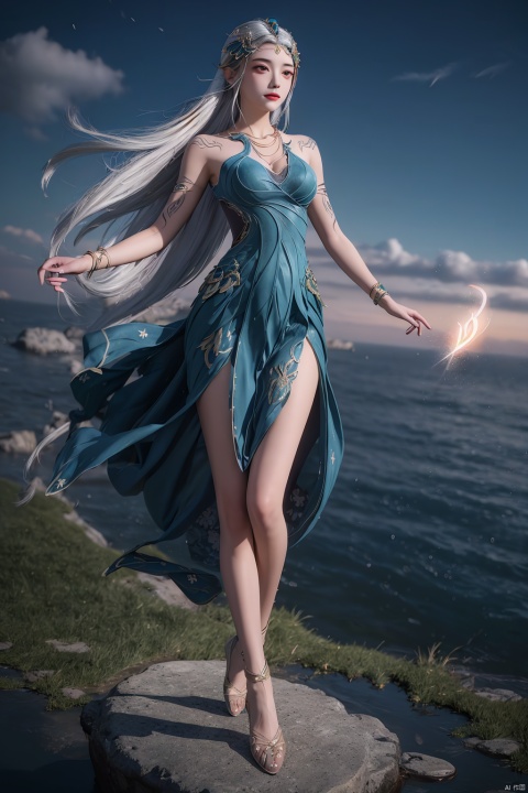  1girl,,((full body,whole body)),,magical abstraction, (magical glow:1.4), white wavy hair, (delicate and beautiful oriental face), perky breasts,, cloudy night, (fantasy style, 8K, masterpiece, best quality:1.15), 
(intricate details:0.9), (hdr, hyperdetailed:1.2),Fantasy,magiccircle,glowing sword,sword inthecenter,(floating in sky:1.2),long hair,headwear,(leaning_forward,),((dress,skirt)),, (chinese_clothes), ((tattoo)), (jewelry), (bracelet),,, (medium breasts),((hair_ornament)),(cleavage:0.797), ((looking_at_viewer)),