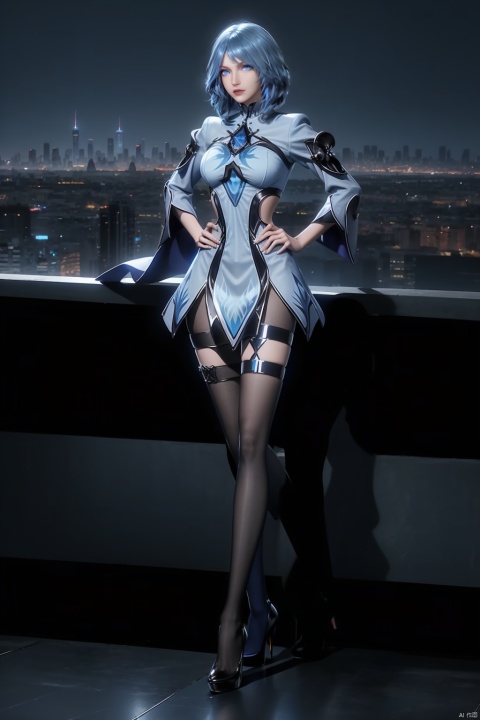  DLDLshuibinger, 1girl, solo, blue hair, blue eyes,dress,single thighhigh,thigh strap,,clothing cutout,  looking at viewer, cityscape, night, mature female, hand on hip, Shiny thigh straps, high heels, long_legs,full-body close-ups, black pantyhose,