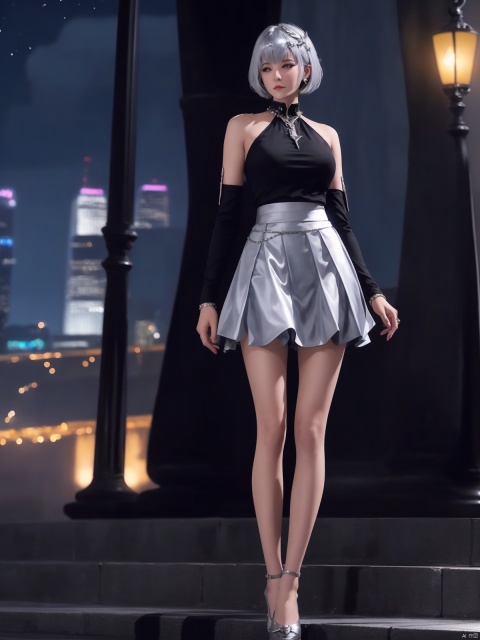  1girl,f ,short hair, hair ornament,, mature female, cityscape, night, looking at viewer, ,DLDLyelingling,skirt,jewelry, collar, trim,silver hair,silver skirt,short skirt, DLDLyelingling,high_heels,fulll_body, Light master