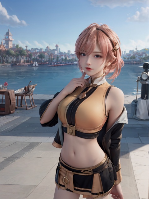 8k,Short hair, navel, mini_skirt, headband, jacket, mature woman, makeup, looking at the audience, city view, lacking, shiny skin, hands behind your back, ,姬小满,moyou,1girl