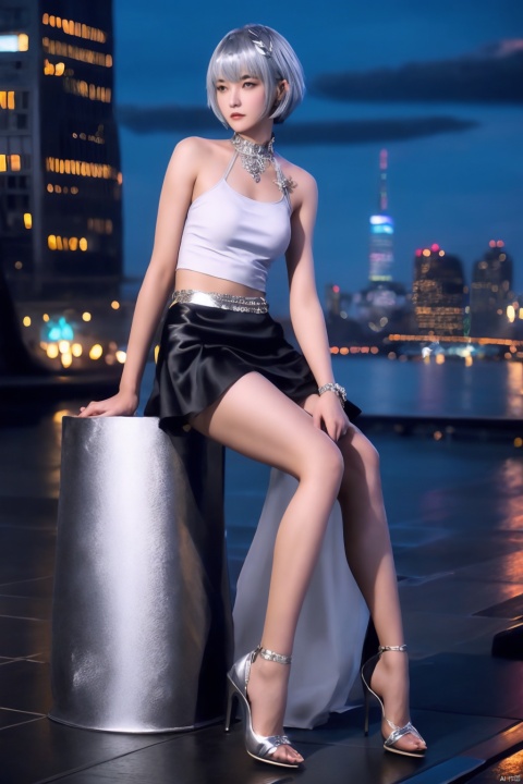  1girl,sitting_down ,short hair, hair ornament,, mature female, cityscape, night, looking at viewer, ,DLDLyelingling,skirt,jewelry, collar, trim,silver hair,silver skirt,short skirt, DLDLyelingling,high_heels,fulll_body, 
