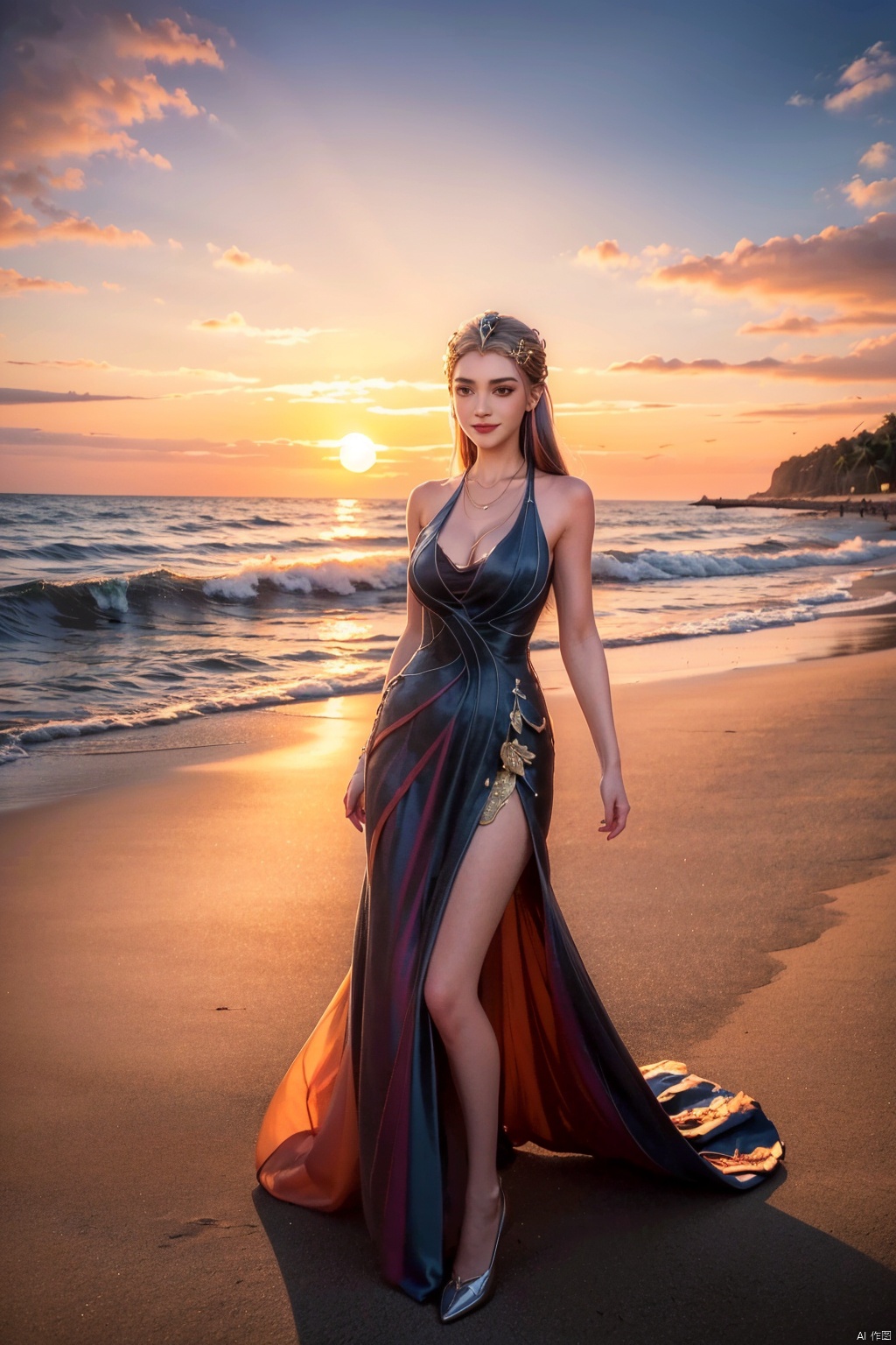  (full boby),(Sunset:1.8),(Cloud:1.2),(sunrise:1.8), (on the beach:1.6), (watching the sunrise:1.2),((Best quality)) ,Commercial photograph,(center of screen) , (good composition), (in frame), centered, 8k, 4k, detailed, attractive, beautiful, impressive, photorealistic, realistic, cinematic composition, volumetric lighting, high-resolution, vivid, detailed, stunning, professional, lifelike, crisp, flawless, DSLR, detailed, sharp, best quality, high quality, highres, absurdres,smiling,Half body, Uniform 8k quality, Super Detail, 1 girl,depth offield,fulllengthpicture,fair_skin,curvy,slender_waist,,colorful,in summer,wide_shot,full_shot,d,aoa,on back,on_side,prone_bone,dark academia,wzgrx, wzgrx, qinyaoR