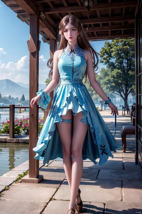  Masterpiece, Best Quality, Delicate Eyes, Solo, Blush, Thighs Up, 1 Girl, Brown Hair, Blue Dress, Jewelry, Earrings, Ribbons, Standing, Peach Garden,long_legs,full_body,