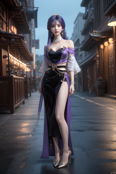  BLCS2tianqiong, 1girl, solo, jewelry, hair ornament, dress, long hair, purple hair, looking at viewer, earrings, detached sleeves, bracelet,clothing cutout, detached collar,cityscape, night, ,makeup,standing_up,full_body,long_legs,high_heels, tq