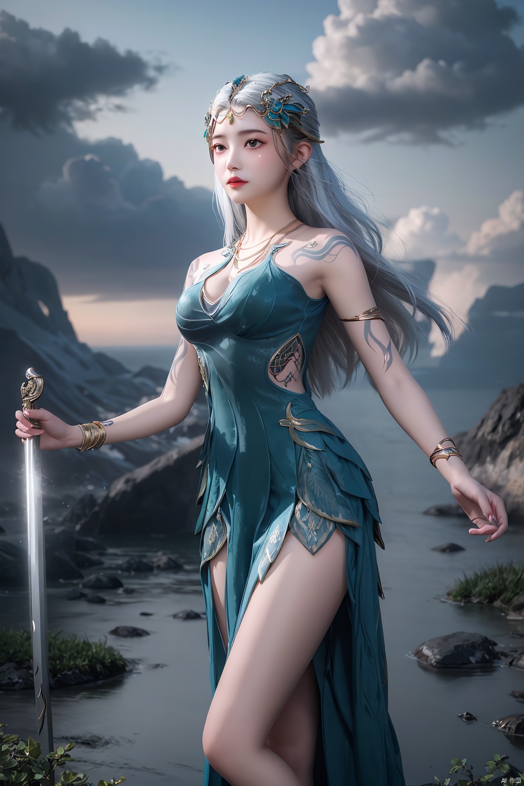  1girl,cowboy shot,magical abstraction, (magical glow:1.4), white wavy hair, (delicate and beautiful oriental face), perky breasts,, cloudy night, (fantasy style, 8K, masterpiece, best quality:1.15), 
(intricate details:0.9), (hdr, hyperdetailed:1.2),Fantasy,magiccircle,glowing sword,sword inthecenter,(floating in sky:1.2),long hair,headwear,(leaning_forward,),((dress,skirt)),, (chinese_clothes), ((tattoo)), (jewelry), (bracelet),((full body,whole body)),, (medium breasts),((hair_ornament)),(cleavage:0.797), ((looking_at_viewer)),