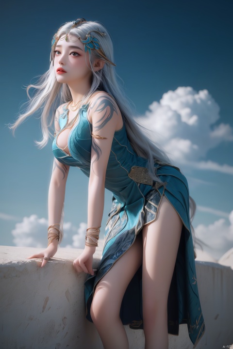  1girl,cowboy shot,magical abstraction, (magical glow:1.4), white wavy hair, (delicate and beautiful oriental face), perky breasts,, cloudy night, (fantasy style, 8K, masterpiece, best quality:1.15), 
(intricate details:0.9), (hdr, hyperdetailed:1.2),Fantasy,magiccircle,glowing sword,sword inthecenter,(floating in sky:1.2),long hair,headwear,(leaning_forward,),((dress,skirt)),, (chinese_clothes), ((tattoo)), (jewelry), (bracelet),((full body,whole body)),, (medium breasts),((hair_ornament)),(cleavage:0.797), ((looking_at_viewer)),