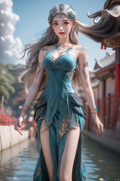  1girl,cowboy shot,magical abstraction, (magical glow:1.4), white wavy hair, (delicate and beautiful oriental face), perky breasts, (upper thighs shot:1.3), cloudy night, (fantasy style, 8K, masterpiece, best quality:1.15), 
(intricate details:0.9), (hdr, hyperdetailed:1.2),Fantasy,magiccircle,glowing sword,sword inthecenter,(floating in sky:1.2),long hair,headwear,(standing),((dress,skirt)),, (chinese_clothes), ((tattoo)), (jewelry), (bracelet),((full body,whole body)),sweet smile, (medium breasts),((hair_ornament)),(cleavage:0.797), ((looking_at_viewer)),