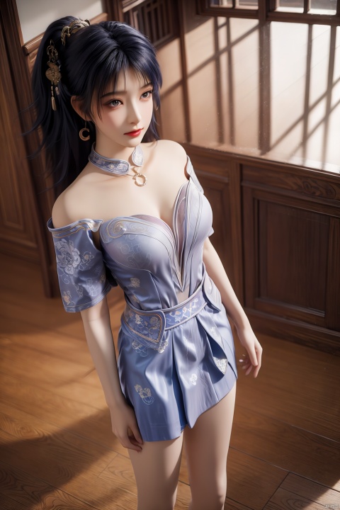  masterpiece,(best quality),3d,(makeup),official art, extremely detailed cg 8k wallpaper,((crystalstexture skin)), (extremely delicate and beautiful),highly detailed,1girl,solo,long hair,headwear,(standing,from_above,),(blue_hair),((dress,skirt)),(chinese_clothes),((upper_body)),(breasts),((hair_ornament)),(sunshine, indoor),((looking_at_viewer)),((Facing the camera)),(closed_mouth), long_legs,high_heels,