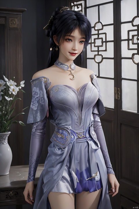  masterpiece,(best quality),3d,(makeup),official art, extremely detailed cg 8k wallpaper,((crystalstexture skin)), (extremely delicate and beautiful),highly detailed,1girl,solo,long hair,headwear,(standing),(blue_hair),((dress,skirt)),(chinese_clothes),((full_body)),(breasts),((hair_ornament)),(sunshine, indoor),((looking_at_viewer)),((Facing the camera)),(closed_mouth), long_legs,high_heels,smile, sssr