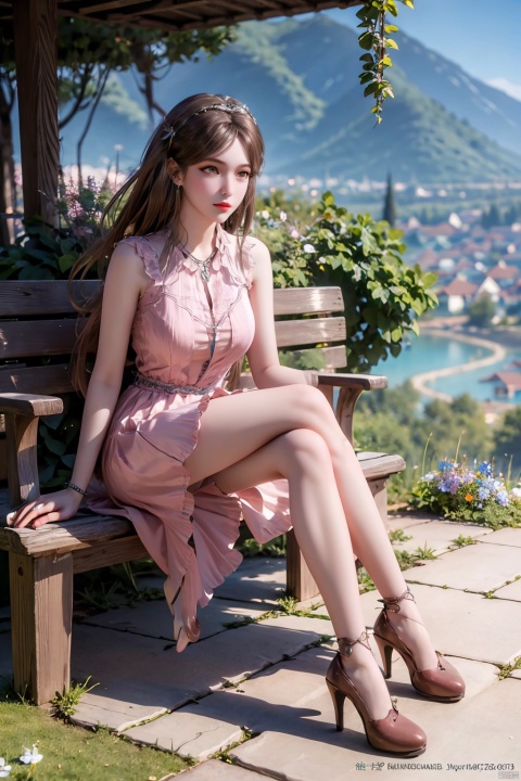  Masterpiece, Best Quality, Delicate Eyes, Solo, Blush, Thighs Up, 1 Girl, Brown Hair, pink Dress, Jewelry, Earrings, Ribbons, sitting, beautiful detailed eyes, (((full body))),Peach Garden,hair ornament, necklace ,jewelry,high_heels.