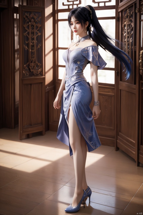  masterpiece,(best quality),3d,(makeup),official art, extremely detailed cg 8k wallpaper,((crystalstexture skin)), (extremely delicate and beautiful),highly detailed,1girl,solo,long hair,headwear,(standing),(blue_hair),((dress,skirt)),(chinese_clothes),((full_body)),(breasts),((hair_ornament)),(sunshine, indoor),((looking_at_viewer)),((Facing the camera)),(closed_mouth), long_legs,high_heels,