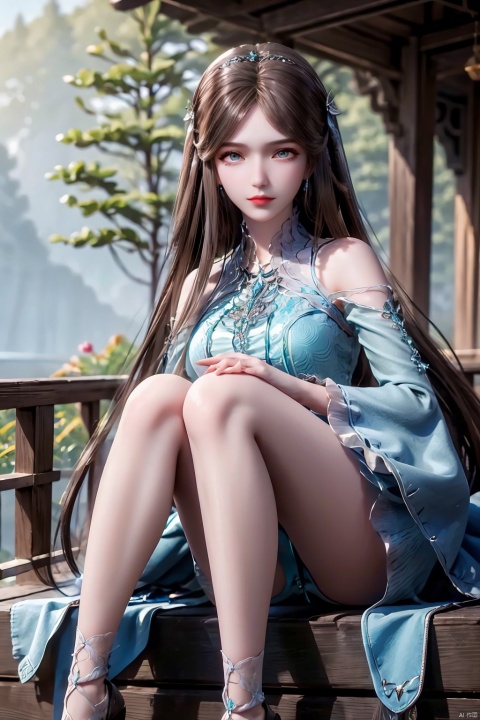 Masterpiece, Best Quality, Delicate Eyes, Solo, Blush, Thighs Up, 1 Girl, Brown Hair, Blue Dress, Jewelry, Earrings, Ribbons, sitting, Peach Garden,long_legs,full_body, hair ornament, necklace , jewelry,