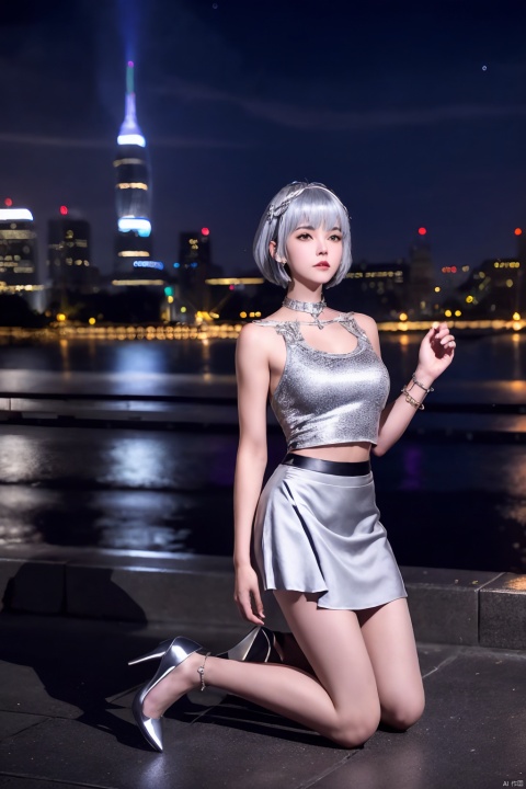  1girl,kneeling on floot,short hair, hair ornament,, mature female, cityscape, night, looking at viewer, ,DLDLyelingling,skirt,jewelry, collar, trim,silver hair,silver skirt,short skirt, DLDLyelingling,high_heels,fulll_body,