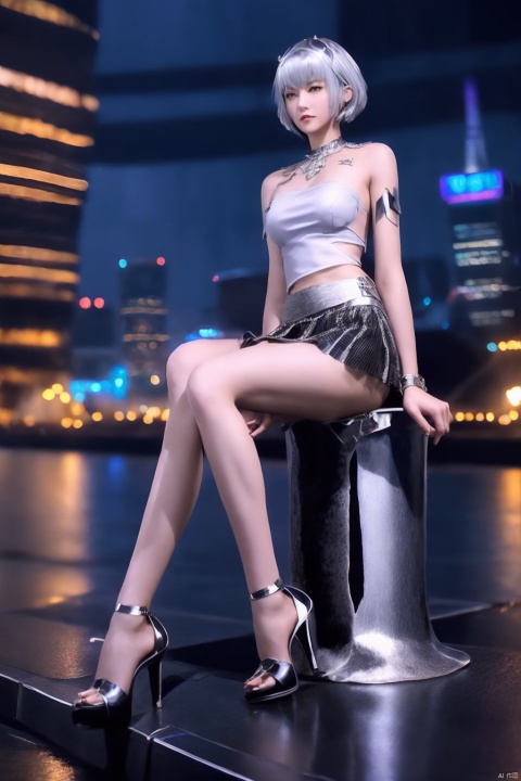  1girl,sitting_down ,short hair, hair ornament,, mature female, cityscape, night, looking at viewer, ,DLDLyelingling,skirt,jewelry, collar, trim,silver hair,silver skirt,short skirt, DLDLyelingling,high_heels,fulll_body, 