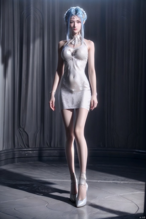  (White Halter neck dress:1.6), grey_background,((standing_up)),,(((full_body:1.5))),short_dress,first person perspective, solo, a girl, blue hair, looking at the audience,(8k, RAW photo, masterpiece: 1.2), solo, figure, skin, (crystal texture skin: 1.2),high_heels, chinese clothes,